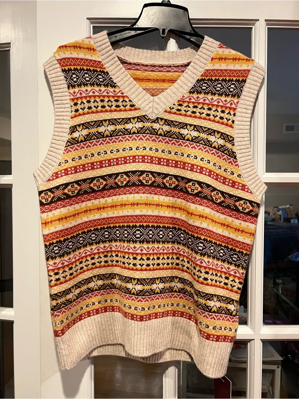 Atorie Cream V-Neck wool Sweater Vest with Yellow & Red Pattern